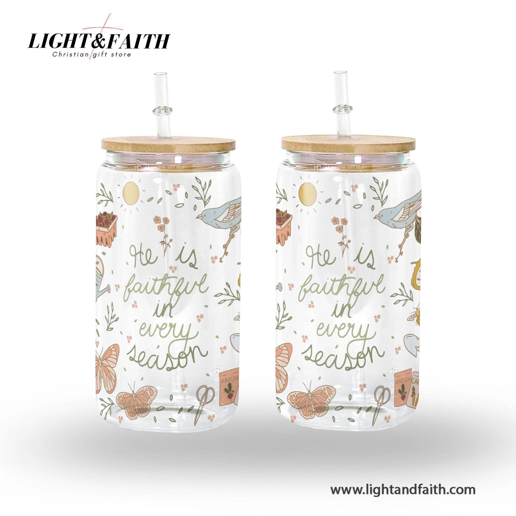 Christian Glass Can with Bamboo Lid and Straw, He Is Faithful in Every Season Cup, Scripture Floral Iced Coffee Tumbler Gift GCLAF38